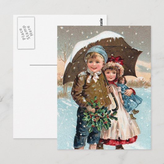 Kinderen die door de sneeuw lopen briefkaart (Voorkant / Achterkant)