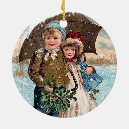 Kinderen die door de sneeuw lopen keramisch ornament (Achterkant)