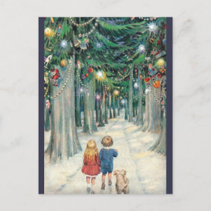  kinderen die door kerstbomen lopen feestdagenkaart