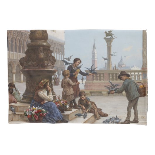 Kinderen die duiven voeden in Venetië (door Paolet Kussensloop (Voorkant-Links)