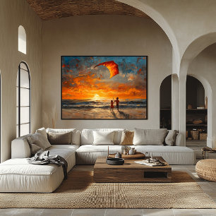 Kinderen die een vlieger oplaten bij zonsondergang poster