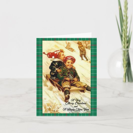 Kinderen die  gekleed zijn, zien er vrolijk kerstf notitiekaartje (Voorkant)