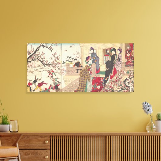 Kinderen die in de sneeuw spelen met pruimelbomen canvas afdruk (Insitu (Woonkamer))