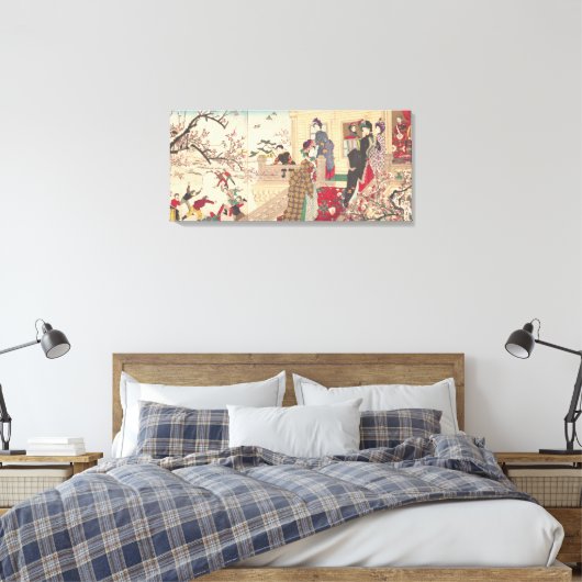 Kinderen die in de sneeuw spelen met pruimelbomen canvas afdruk (Insitu (Slaapkamer))