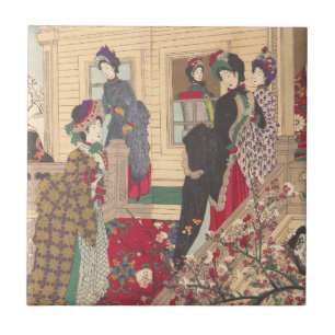 Kinderen die in de sneeuw spelen met pruimelbomen tegeltje