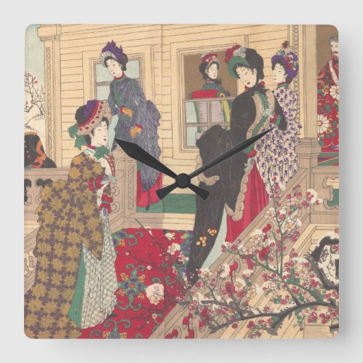 Kinderen die in de sneeuw spelen met pruimelbomen vierkante klok (Voorkant)