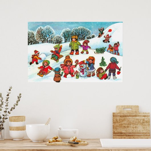 Kinderen die in de sneeuw spelen poster (Keuken)