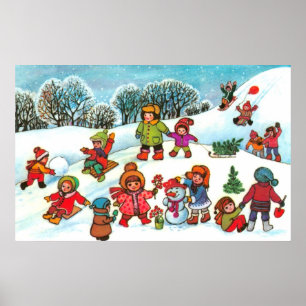 Kinderen die in de sneeuw spelen poster