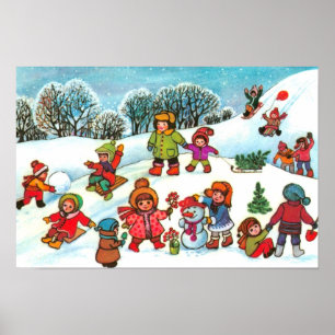 Kinderen die in de sneeuw spelen poster