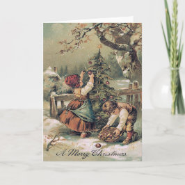 Kinderen die Kerstboom Sneeuw versieren Feestdagen Kaart