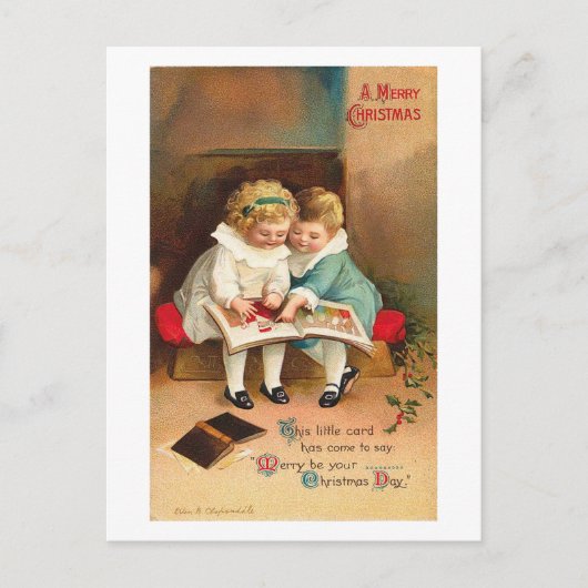 Kinderen die kerstkaart lezen feestdagenkaart (Voorkant)