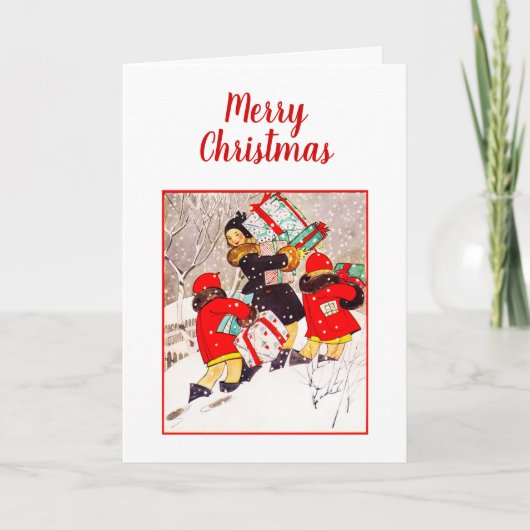 Kinderen die met kerstcadeautjes rondlopen in Sno Kaart (Voorkant)