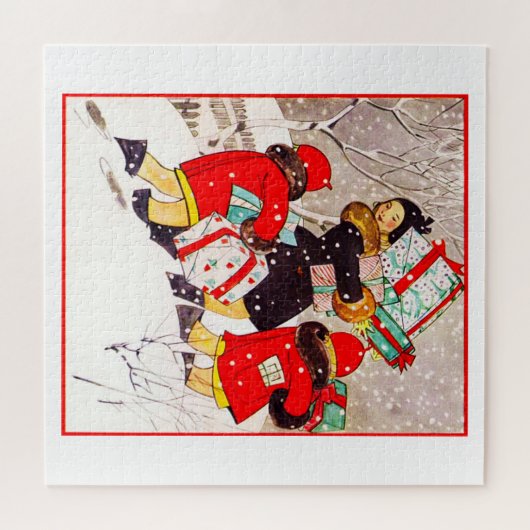 Kinderen die met kerstcadeautjes rondlopen in Sno Legpuzzel (Horizontaal)