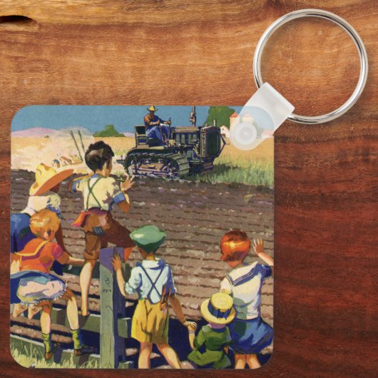 kinderen die naar de lokale boer op de trekker wa sleutelhanger (Achterkant)