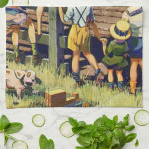  kinderen die naar de lokale boer op de trekker wa theedoek