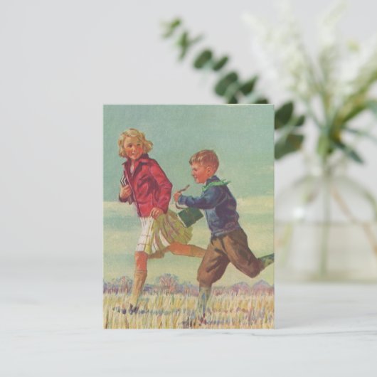  kinderen die naar school gaan met boekjes briefkaart (Staand voorkant)