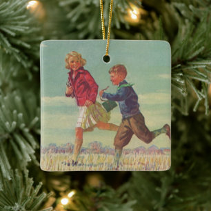 kinderen die naar school gaan met boekjes keramisch ornament