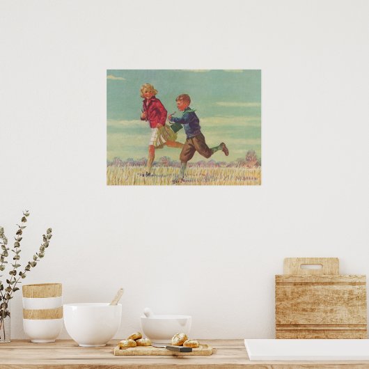  kinderen die naar school gaan met boekjes poster (Keuken)