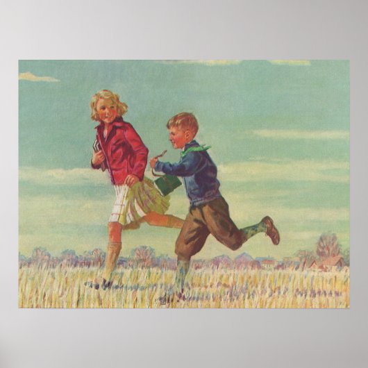  kinderen die naar school gaan met boekjes poster (Voorkant)