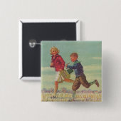  kinderen die naar school gaan met boekjes vierkante button 5,1 cm (Voorkant /achterkant)