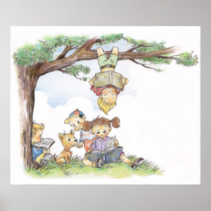Kinderen die onder een boom lezen poster