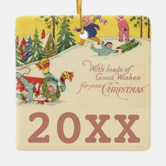 Kinderen die op een sneeuwbaltje draaien -  blik keramisch ornament (Voorkant)