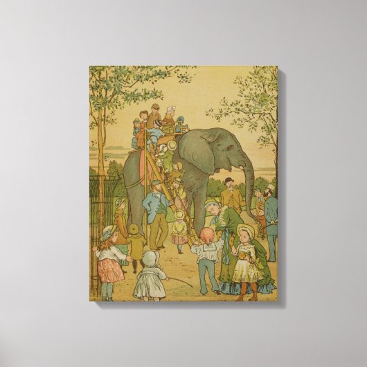 Kinderen die op het olifant (litho) rijden canvas afdruk (Voorkant)