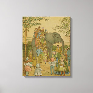 Kinderen die op het olifant (litho) rijden canvas afdruk