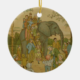 Kinderen die op het olifant (litho) rijden keramisch ornament