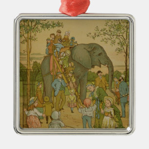 Kinderen die op het olifant (litho) rijden metalen ornament