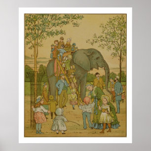 Kinderen die op het olifant (litho) rijden poster