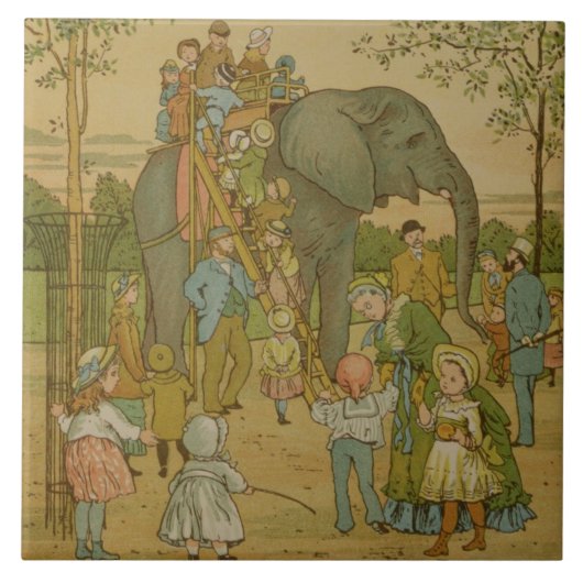 Kinderen die op het olifant (litho) rijden tegeltje (Voorkant)