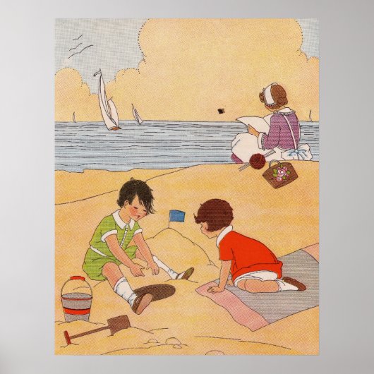 Kinderen die op het strand Poster spelen (Voorkant)