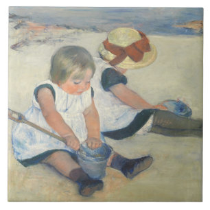 Kinderen die op het strand spelen, 1884 tegeltje
