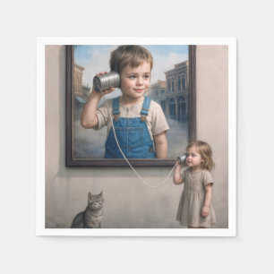 Kinderen die praten op een retro blikken telefoon servet
