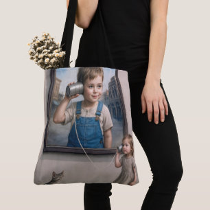 Kinderen die praten op een retro blikken telefoon tote bag