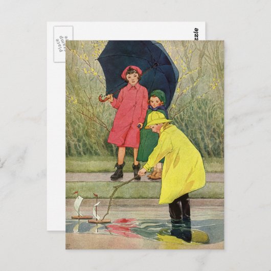  kinderen die Puddles Speelgoed spelen Rijn Briefkaart (Voorkant / Achterkant)