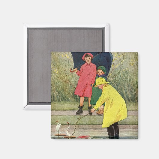  kinderen die Puddles Speelgoed spelen Rijn Magneet (Voorkant / Achterkant)