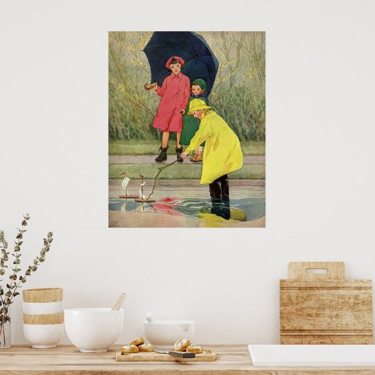  kinderen die Puddles Speelgoed spelen Rijn Poster (Keuken)