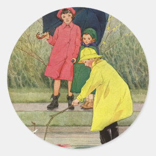 kinderen die Puddles Speelgoed spelen Rijn Ronde Sticker