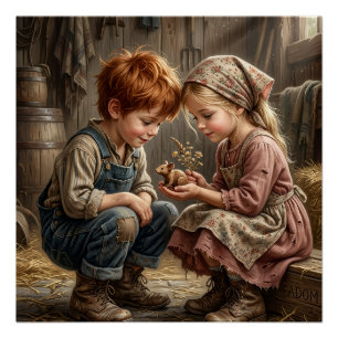 Kinderen die samen zitten in een nostalgische land perfect poster