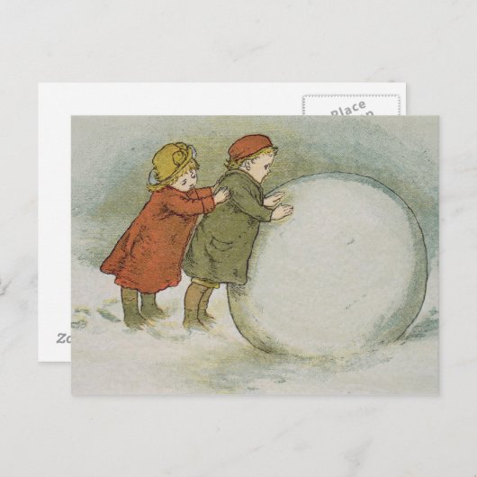 Kinderen die sneeuwballen rollen briefkaart (Voorkant / Achterkant)