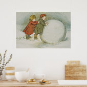 Kinderen die sneeuwballen rollen poster (Keuken)