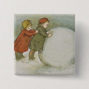 Kinderen die sneeuwballen rollen vierkante button 5,1 cm