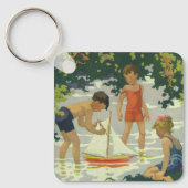  kinderen die Speelgoed zeilboten maken Sleutelhanger (Voorkant)