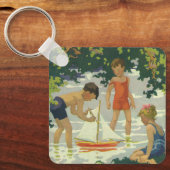  kinderen die Speelgoed zeilboten maken Sleutelhanger (Voorkant)