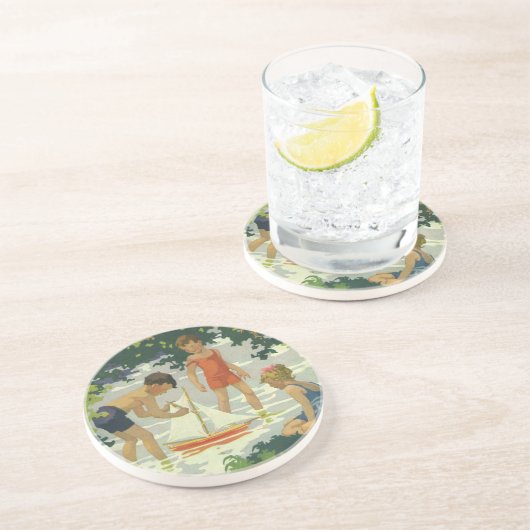  kinderen die Speelgoed zeilboten maken Zandsteen Onderzetter (Zijkant)