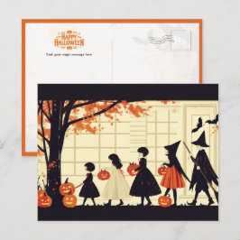 Kinderen die 'Trick or Treat' spelen op Halloweena Briefkaart
