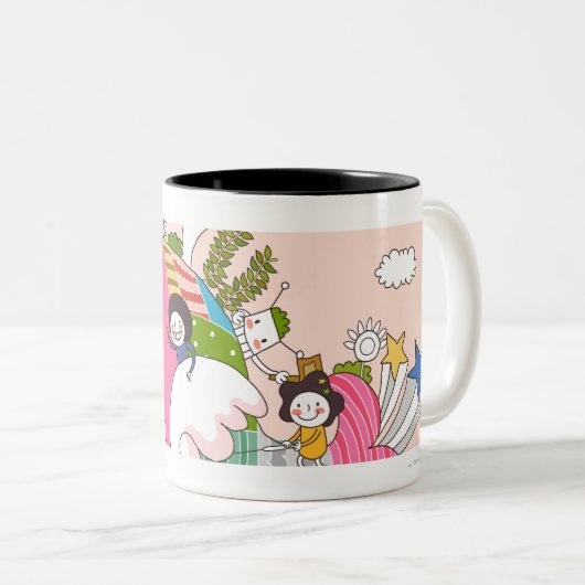 Kinderen die vissen in vijver tweekleurige koffiemok (Voorkant rechts)