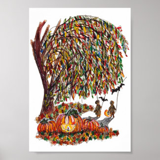Kinderen die vleermuizen spelen Halloween-waterver Poster